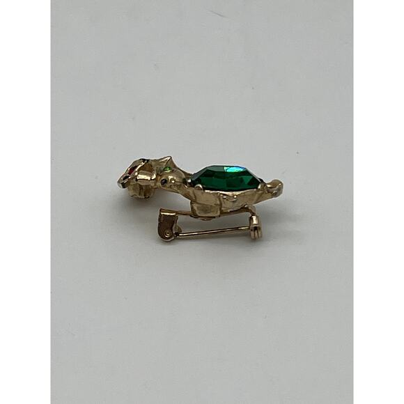 Vintage Goldtone Small Turtle with Umbrella Green & Red Rhinestones Pin Brooch - Picture 3 of 6